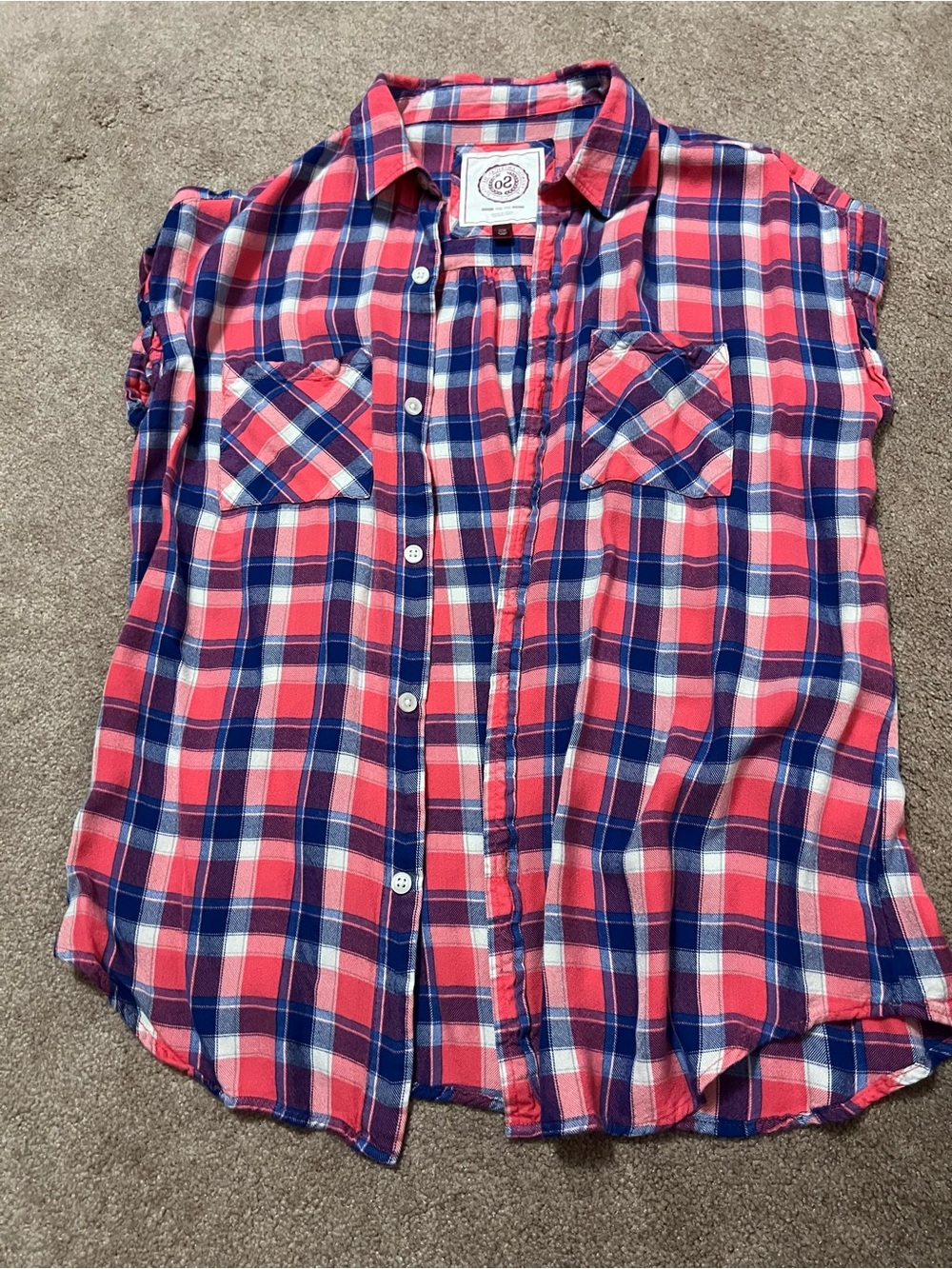 SO Plaid Button-Up in Coral, Navy & White